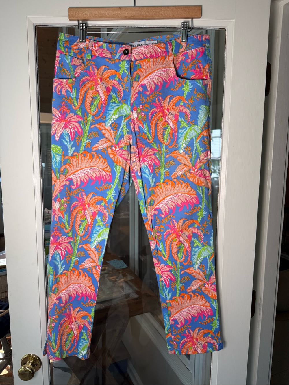 Gretchen Scott Designs Floral & Palm Bright Blue Tropical Print Pants Sz Lg